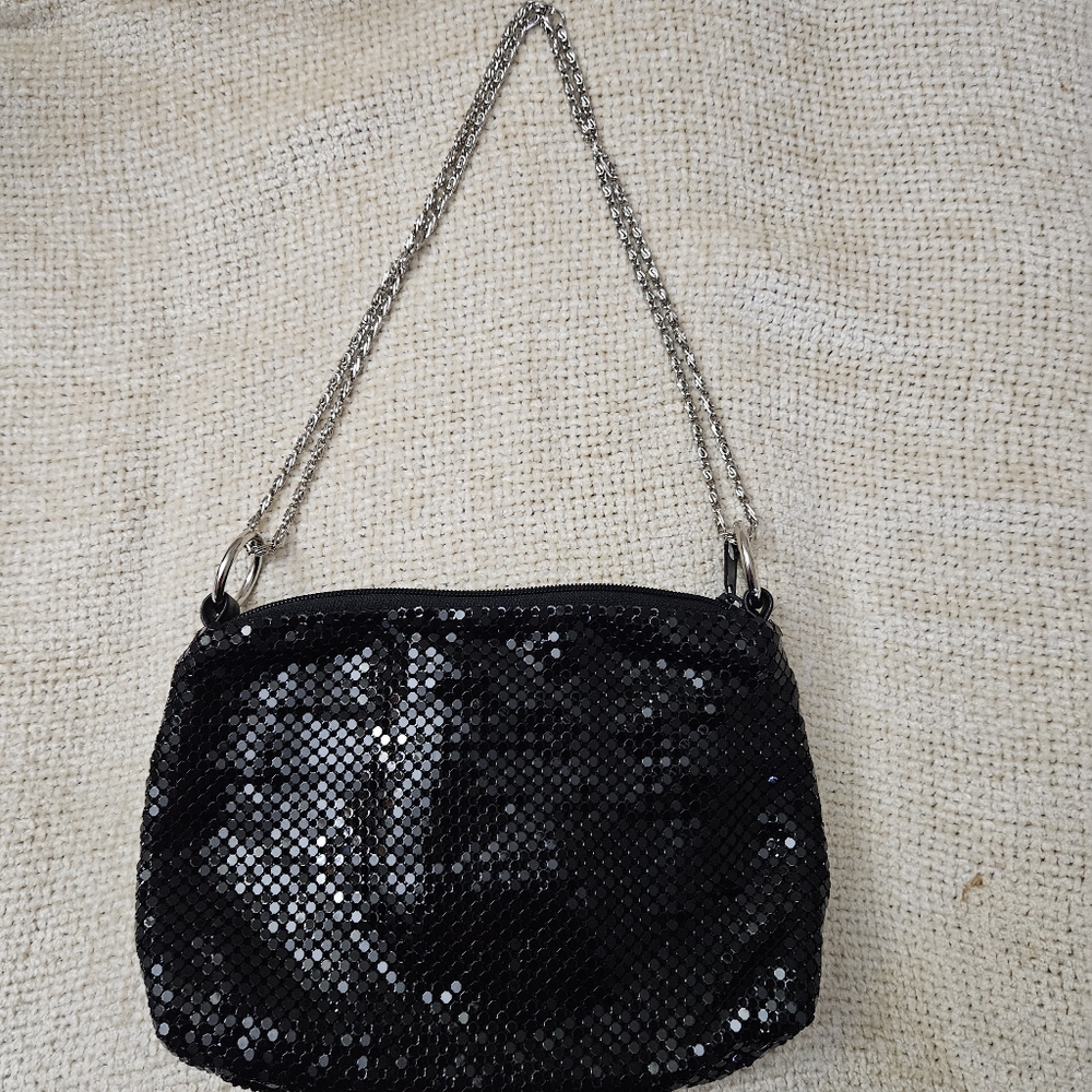 Sequin evening bag/purse W/ Silver Adjustable Chain Strap. ~Black and Silver.